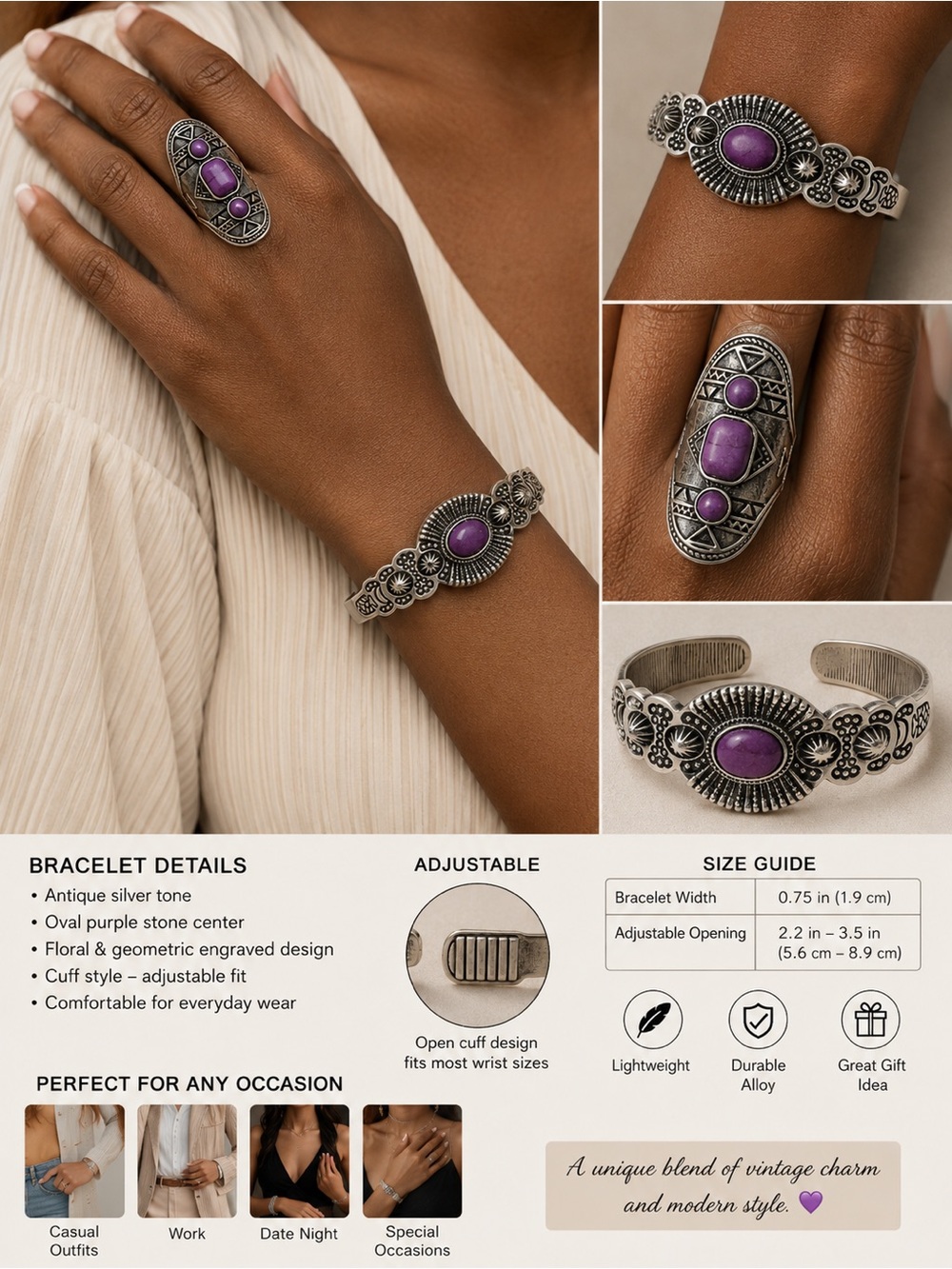 2 pcs Vintage-Inspired Purple Stone Cuff Bracelet - Antique Silver Tone & Ring